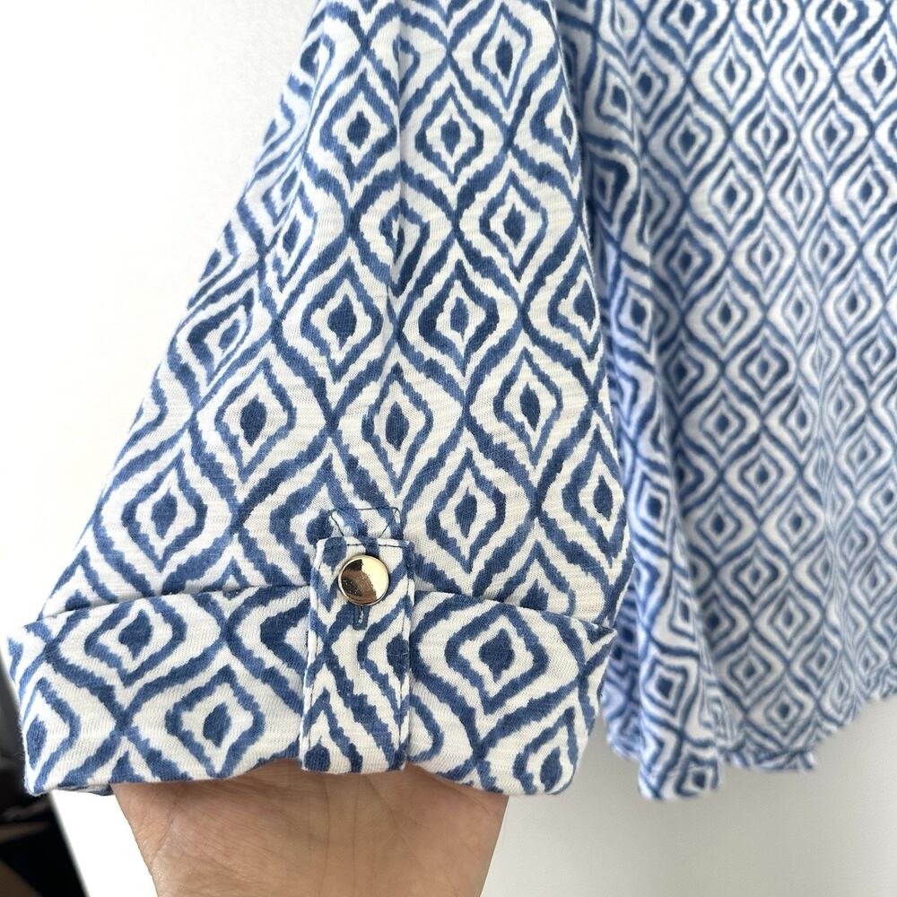 CHICOS Ikat Print Tee Womens XXL (4) Blue White 3/4 Sleeve Slub Knit Boho Top - Picture 3 of 10